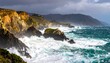 © Bdb - Rugged coastline with foamy ocean waves crashing against rocky cliffs