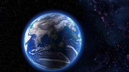 Wall Mural - A stunning video concept of Earth from space, captured at a high angle, showcasing vibrant continents and swirling clouds against a starry backdrop. Live desktop wallpaper.