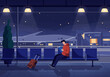 © Bagsi - Traveler Reading at Airport Gate Night Flat Illustration