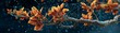 © R - Nature's transition: orange and yellow leaves in snow's first embrace. Technological mesh. A scenic shift: orange and yellow leaves on a branch amongst early winter's snow. Tech ecosystem.