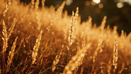 Wall Mural - a peaceful, sun-drenched close-up of textured dry grass on a gentle hill, with a soft panning motion