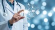 © Rasel69 - A doctor in a white coat holding a vial with digital medical icons floating around it, representing healthcare, technology, and innovation in medicine and patient care