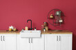 © Pixel-Shot - Houseplants and jars with products on counters near red wall in interior of modern kitchen, closeup
