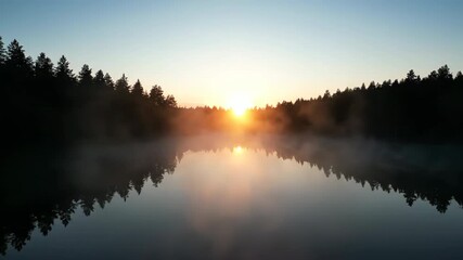 Wall Mural - Atmospheric dense fog slowly rolls over a calm forest lake at sunrise, a mysterious morning timelapse peace, forest, fog