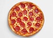 © Aira - Overhead view of a pepperoni pizza.  A round pizza topped with numerous slices of pepperoni, sitting on a plain white surface. The pizza has a golden-brown crust and melted cheese