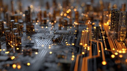 Wall Mural - Abstract Urban Landscape with Circuit Board and Glowing Lights