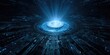 © KM - A cinematic wide shot of a glowing AI core chip