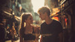 © Алексей Солодков - Young Couple Enjoys a Sunny Day Walking in the City