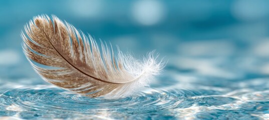 Wall Mural - Colorful Bird Feather Floating on Calm Water, Creating Beautiful Abstract Nature Ripples