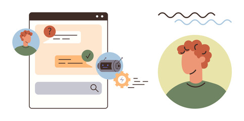 Wall Mural - User profile chatting through a browser interface with questions, chatbot, and status icons. Ideal for communication, chatbot, tech, help, customer support messaging problem-solving. Simple flat