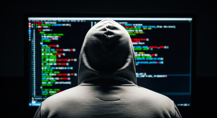 Person wearing hooded sweatshirt looking at computer screen with colorful code image