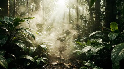 Wall Mural - ethereal slow motion mist swirling gracefully through dense jungle undergrowth and sunlight outdoor,