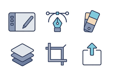 Collection of essential graphic design tools and creative software interface symbols