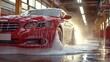 © Dece Std - Red car being washed in carwash, covered in soapsuds and streaming water