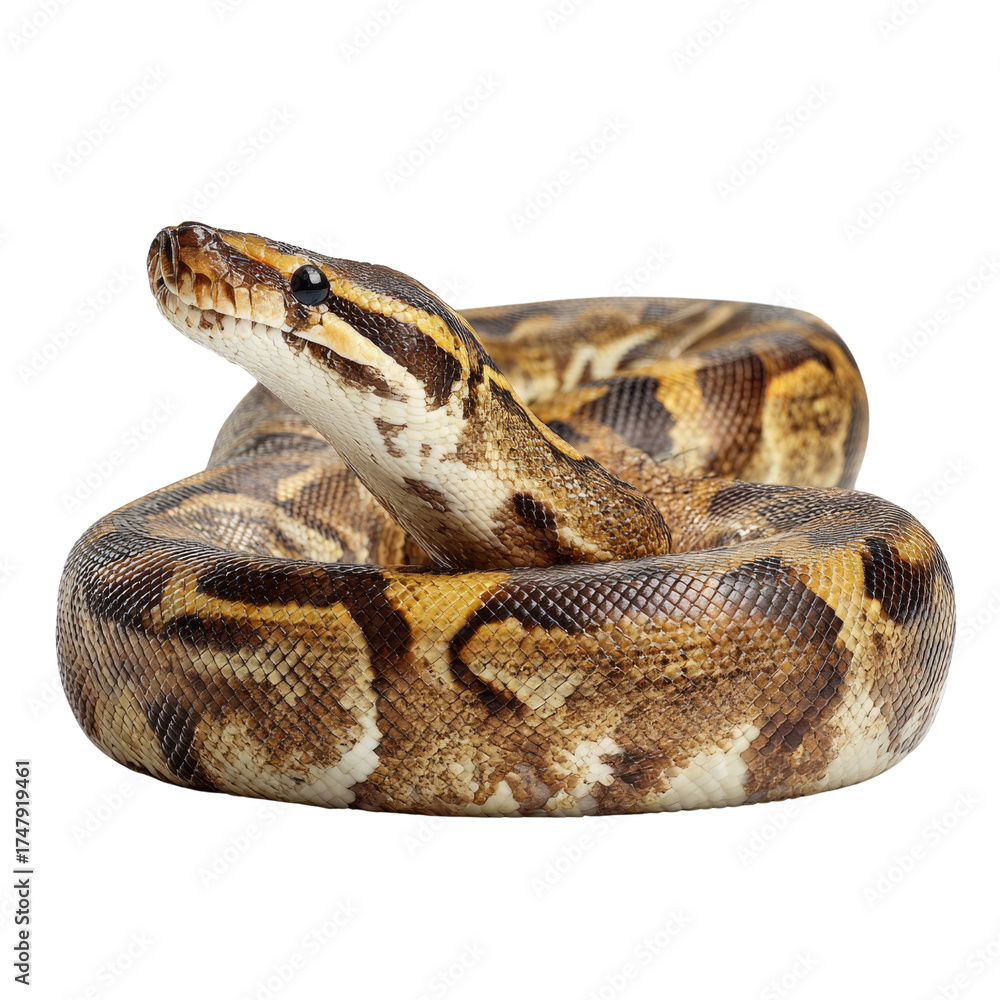 A beautiful ball python, coiled and alert, displaying its intricate ...