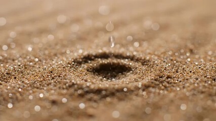 Wall Mural - Gentle slow motion raindrops slowly create delicate patterns as they softly impact the dry, absorbent surface of desert sand desert, weather phenomenon, liquid