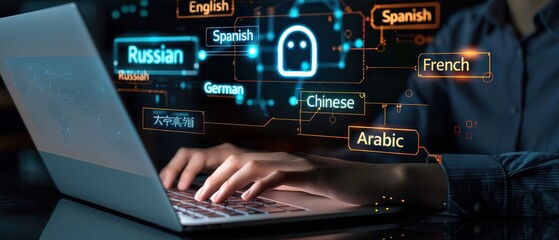 Person typing on laptop with futuristic AI translation interface showing multiple languages. Concept of artificial intelligence, digital communication, and innovative AI language learning technology.