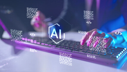 Computer coding prompt cyber security futuristic artificial intelligence in business finance, AI-powered analyze big data, showing charts and performance metrics for strategic planning.