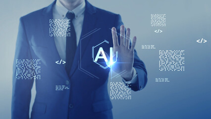 Computer coding prompt cyber security futuristic artificial intelligence in business finance, AI-powered analyze big data, showing charts and performance metrics for strategic planning.