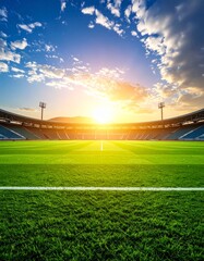 Wall Mural - Green grass of a football field under a vibrant sunset sky with white clouds and warm sunlight