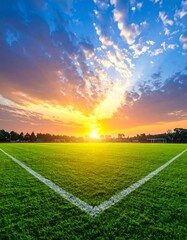 Wall Mural - Green grass of a football field under a vibrant sunset sky with white clouds and warm sunlight