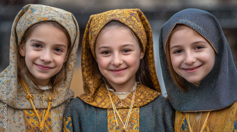 Three smiling girls in traditional medieval costumes during San Martino ...