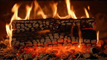 Sticker - intense timelapse of a single wood log slowly incinerating, transforming into charcoal and ash firep