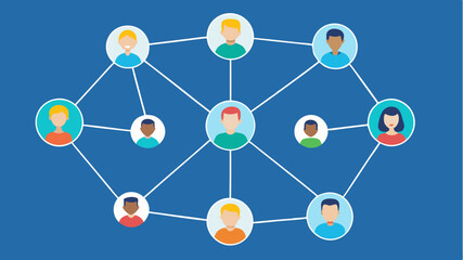 Wall Mural - A network of interconnected nodes resembling a digital ecosystem depicting how social sharing and referrals contribute to lead generation.