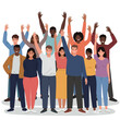 © nuzul - Diverse group of people standing together with raised hands in a celebratory gesture against a plain white background with a sense of unity and solidarity.