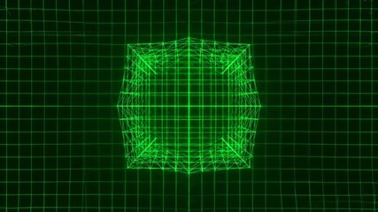 Wall Mural - Seamlessly looping video featuring a modern green geometric grid shifting and expanding on a dark abstract background, creating a structured technological visual wallpaper, lines, growth