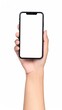 © Indy - Hand holding a black smartphone with blank screen against white background
