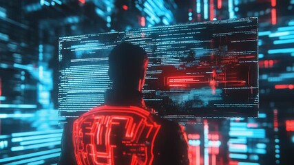 Hacker coding on digital screen with futuristic data