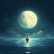 © Pallab - Magical rabbit with antlers gazes at a luminous full moon over a calm reflective water surface