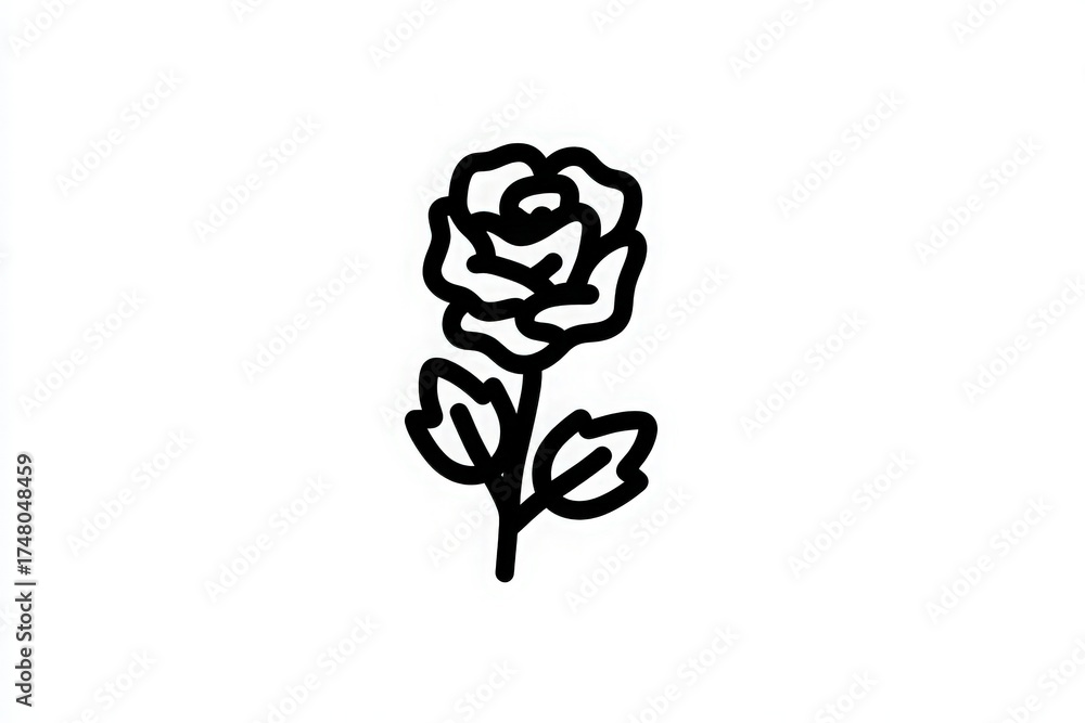 A black line drawing depicts a rose with detailed petals and leaves, set against a plain white background. The artwork highlights the elegance of the flower in a minimalist style.