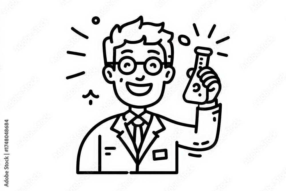 A joyful scientist in a lab coat holds up a test tube, showcasing excitement about an experiments outcome. The background features laboratory elements like beakers and equipment.