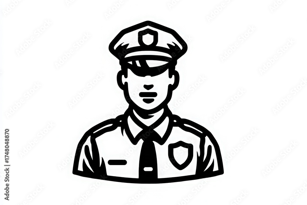 A uniformed police officer is depicted with a serious expression, wearing a cap and badge. The background is simple, highlighting the officers role in maintaining safety and order.