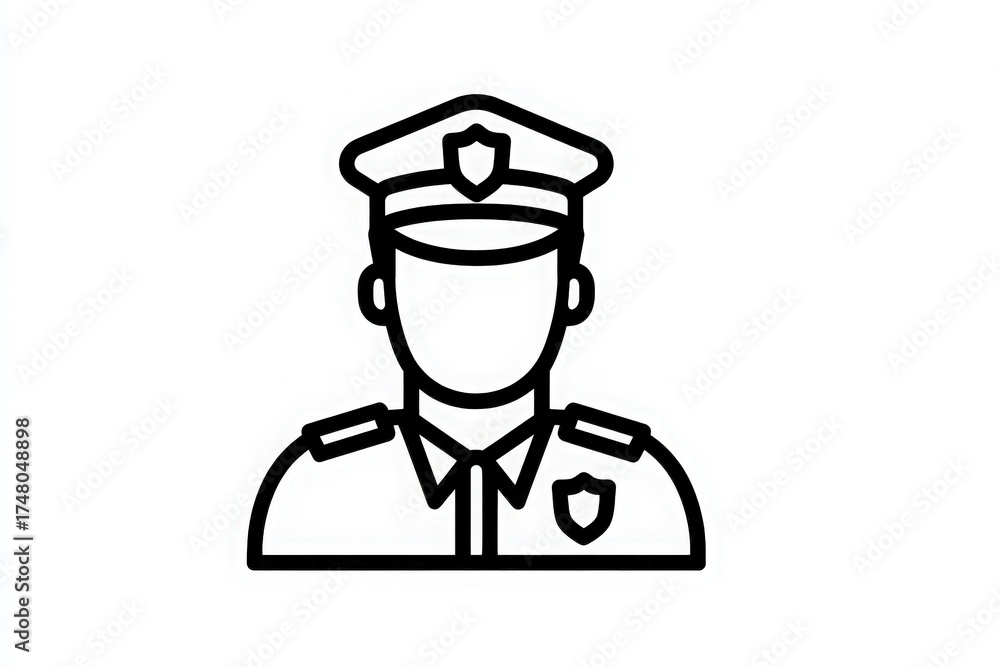A simple black and white outline drawing shows a police officer in uniform. The officer wears a cap and has a badge, symbolizing law enforcement and public safety.