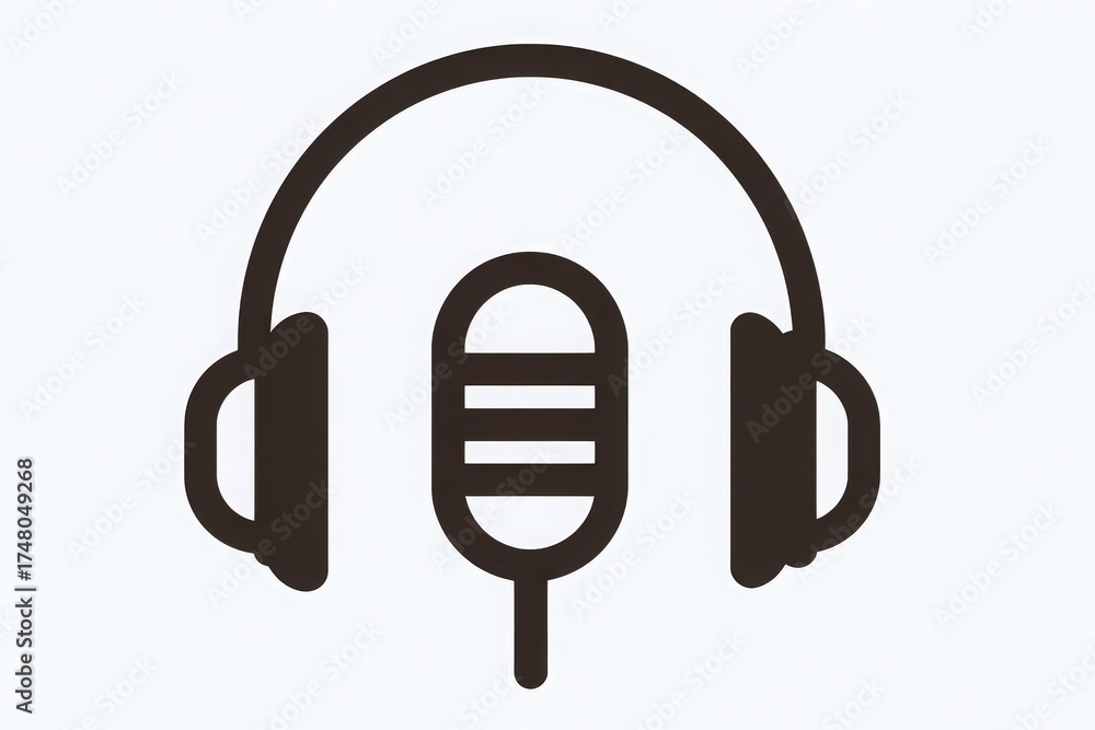 A simple yet effective graphic shows a pair of headphones and a classic microphone symbol. This design represents audio production, podcasting, and sound recording.