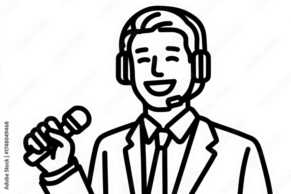 A man stands confidently holding a microphone, wearing a headset. He is dressed in a suit and appears to be engaged in announcing or commentating at an event. His expression is bright and welcoming.