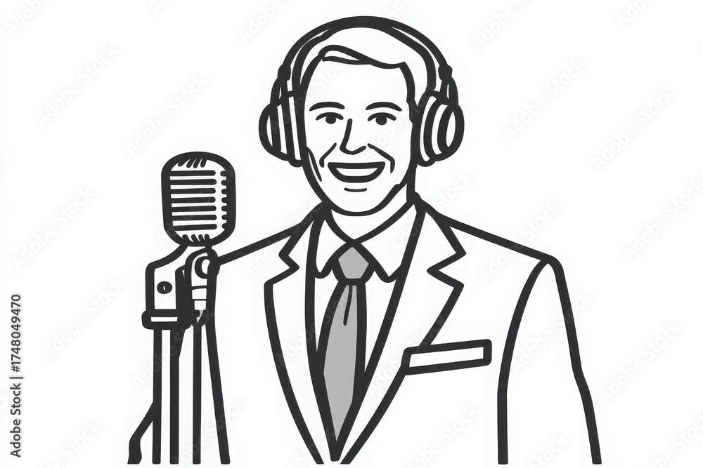 A man in a suit is smiling while wearing headphones, standing in front of a vintage-style microphone. This scene suggests a lively broadcasting or podcasting session.