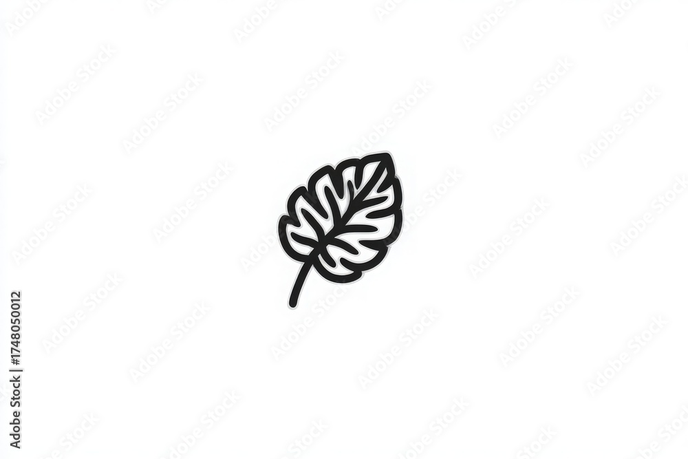 A clean, minimalist design featuring a leaf in black and white. The leaf has intricate lines and a bold outline, showcasing its natural form. This design focuses on simplicity and detail.