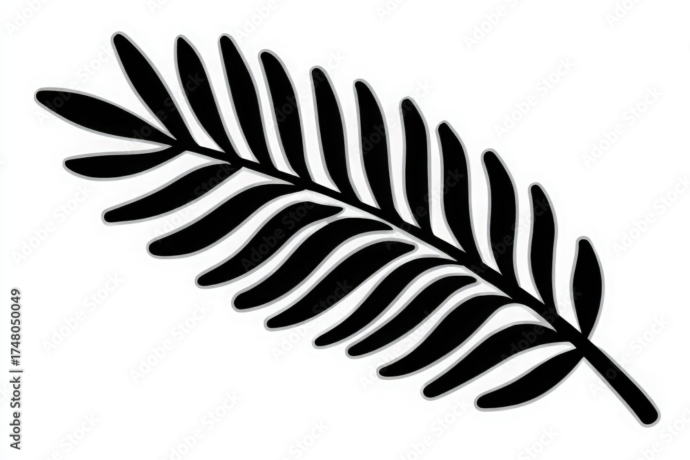A black silhouette of a palm leaf creates a striking contrast with its clean lines and curves. The design emphasizes the elegance of nature and can serve various artistic purposes.