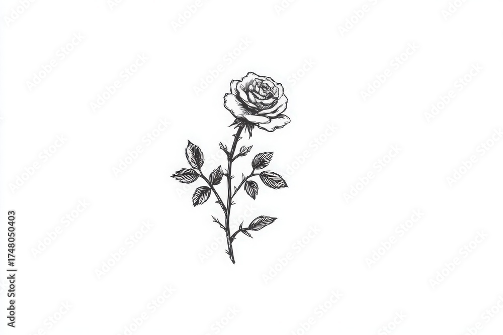 A delicate sketch showcases a beautiful rose, featuring intricate details of the petals and leaves. The artwork emphasizes the elegance and simplicity of this timeless flower.