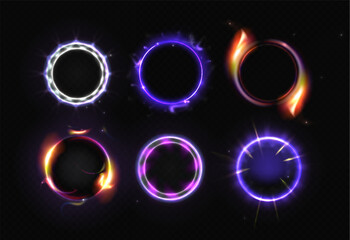 Wall Mural - Neon halo circles set isolated on black background. Vector realistic illustration of glowing color light rings with with sparkle and flare effect, circular magic portal, game ui frame, space vortex
