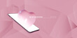 © klyaksun - Phone Valentine day mockup with glossy heart and romantic message for dating app or greeting design. Pink geometric background, modern device and love message. Digital romance concept presentation.