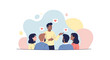 © Digitraz - A diverse group of people engages in a positive business discussion, fostering collaboration and sharing ideas in a modern, flat vector illustration.