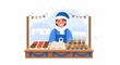 © Hokiia - Festive winter market stall with person in blue Santa hat selling diverse holiday treats including donuts and dreidels, adorned with colorful string lights and snowy background