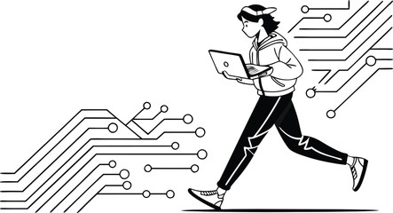 Dynamic tech worker running with laptop amidst circuit board design, showcasing modern innovation and forward thinking, ideal for technology concepts