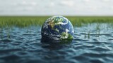 The Earth partially submerged in rippling water with green grass and clouds in the background