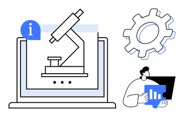 Wall Mural - Laptop displaying microscope, gear symbol, and person analyzing data. Ideal for science, technology, education, research, innovation analytics engineering. Simple flat metaphor